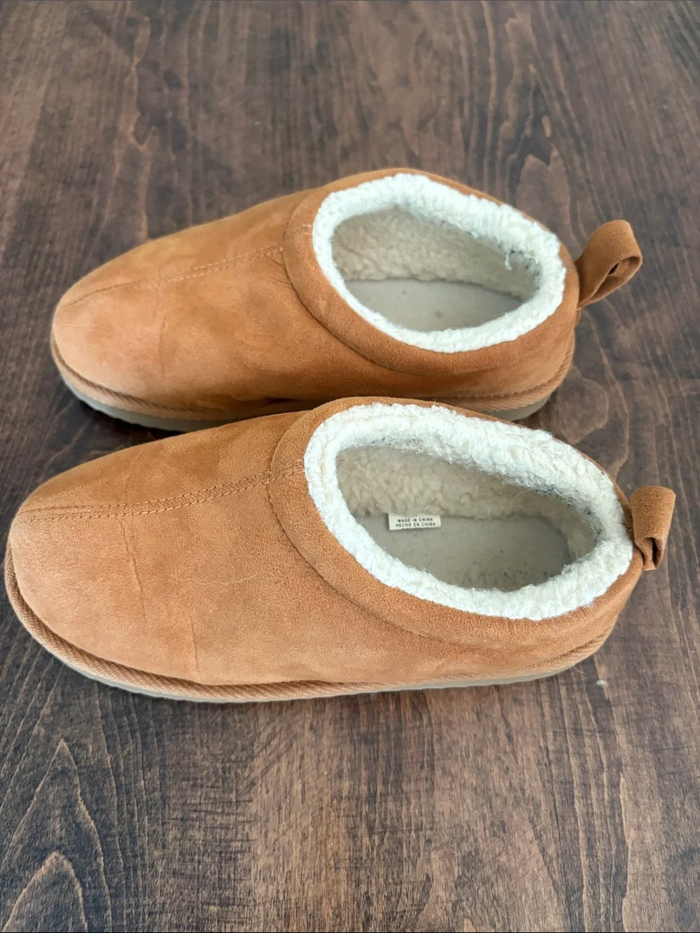 Old Navy Tan Suede-Look Kids Slippers with Cream Fleece Lining